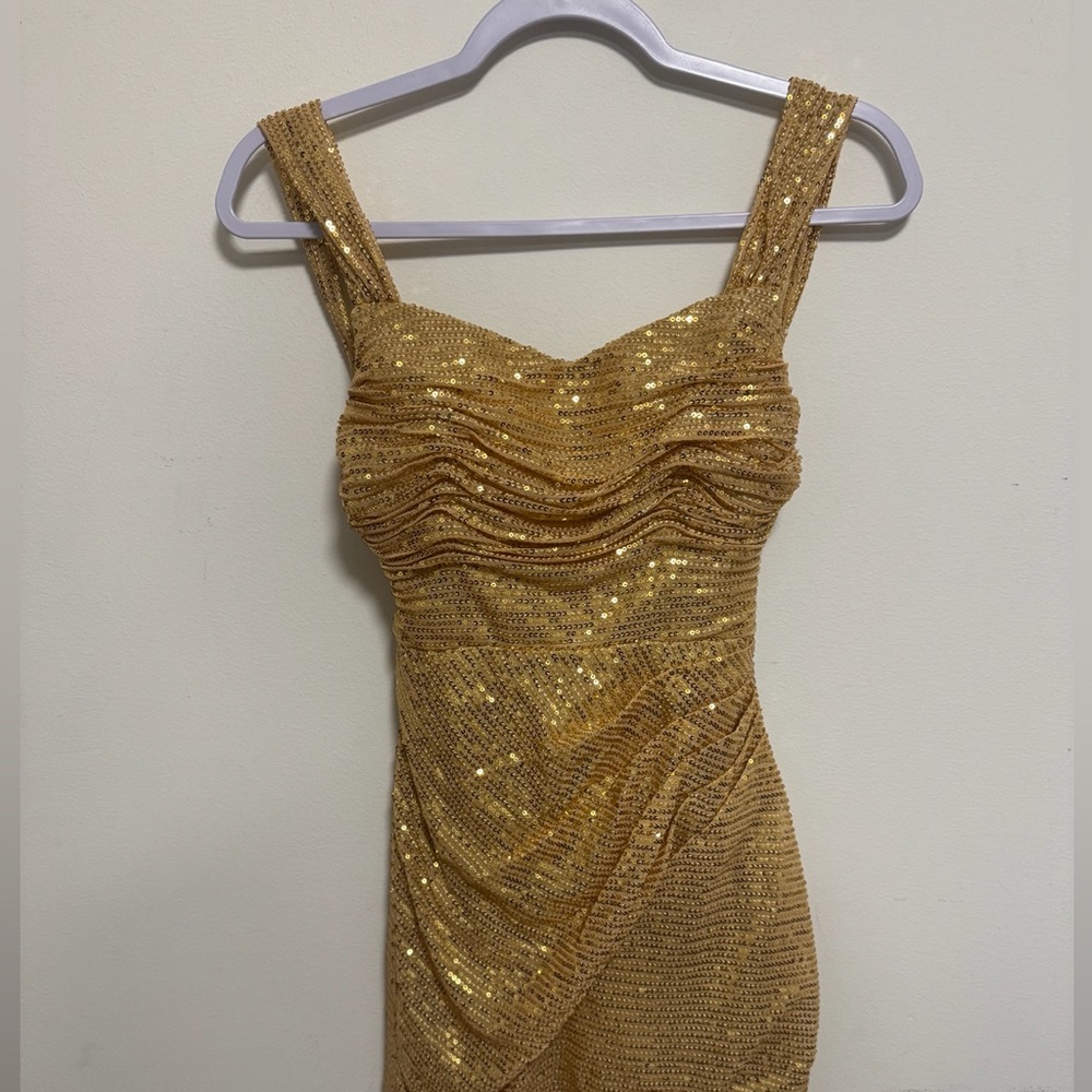 Gold Sequin Draped Evening Dress